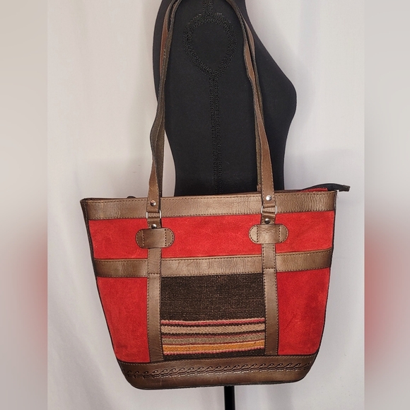 Handbags - Boho Red Suede & Leather Tote Bag | Southwestern Stripe Shoulder Purse